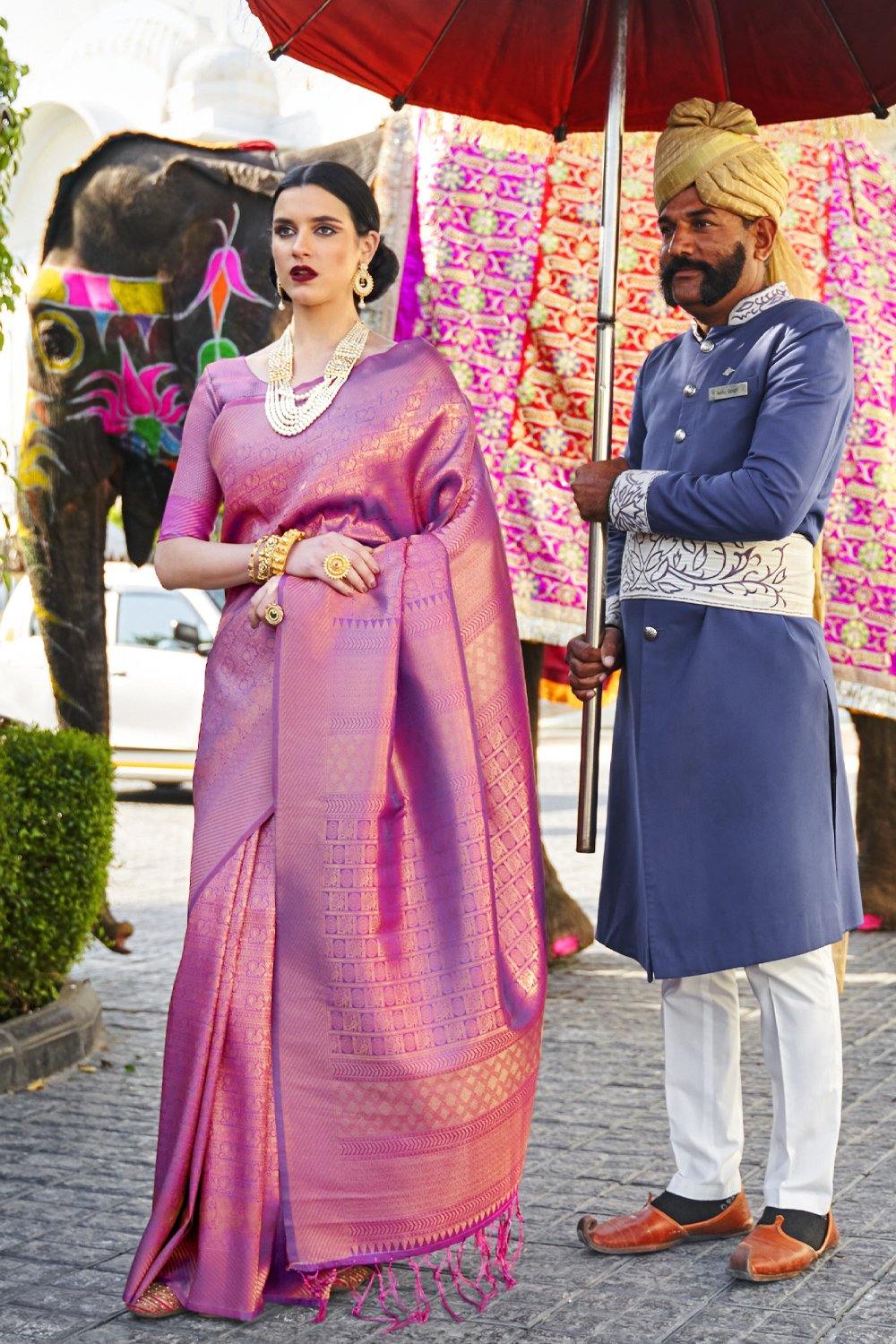 Beautiful Hot Purple Shine Kanjivaram Wedding Saree With Blouse