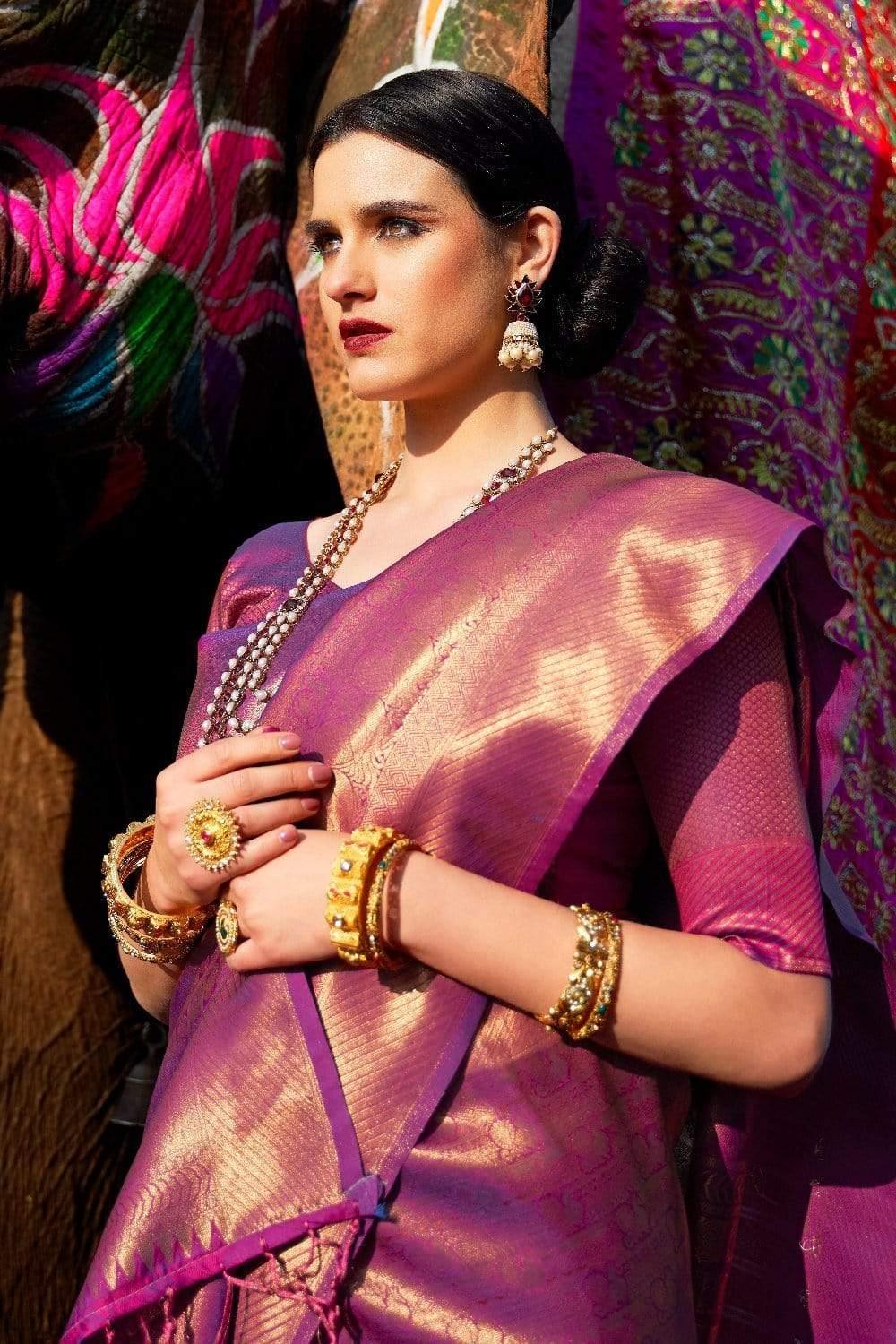 Beautiful Hot Purple Shine Kanjivaram Wedding Saree With Blouse