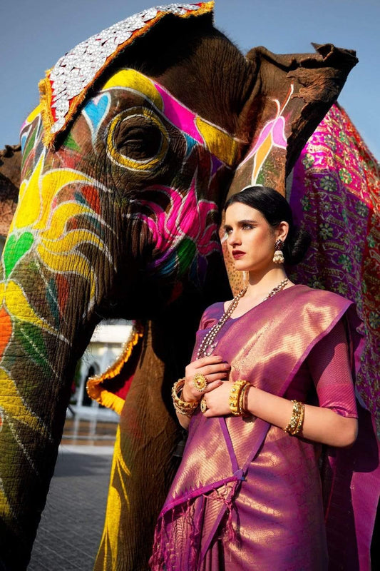 Beautiful Hot Purple Shine Kanjivaram Wedding Saree With Blouse