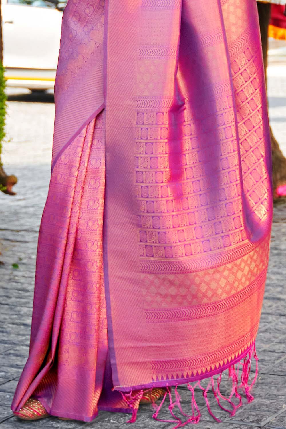 Beautiful Hot Purple Shine Kanjivaram Wedding Saree With Blouse