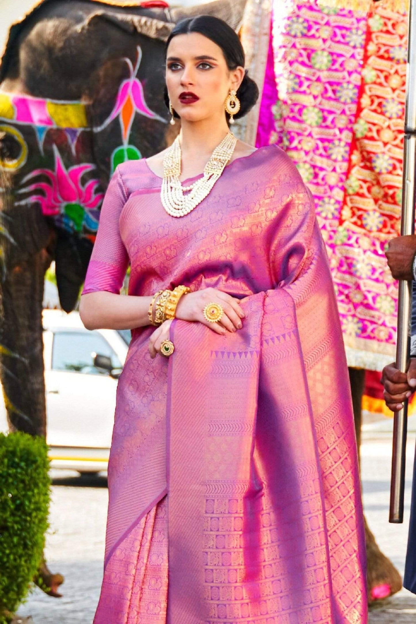 Beautiful Hot Purple Shine Kanjivaram Wedding Saree With Blouse