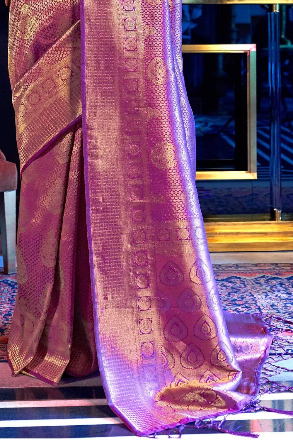 Violet & Golden Zari Woven Kanjivaram Saree With Blouse