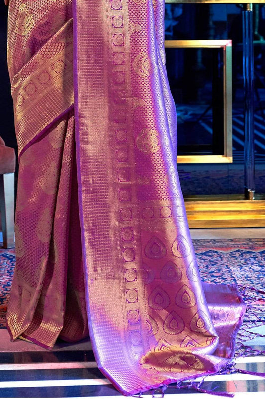 Violet & Golden Zari Woven Kanjivaram Saree With Blouse