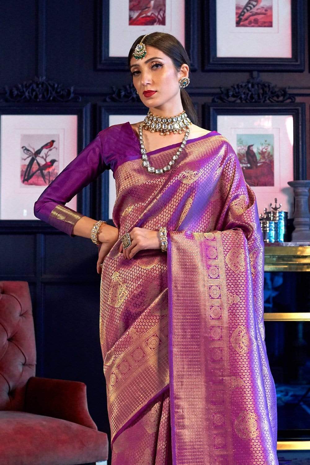 Violet & Golden Zari Woven Kanjivaram Saree With Blouse