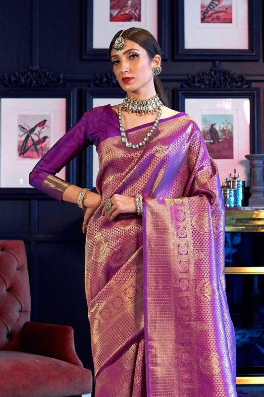Violet & Golden Zari Woven Kanjivaram Saree With Blouse