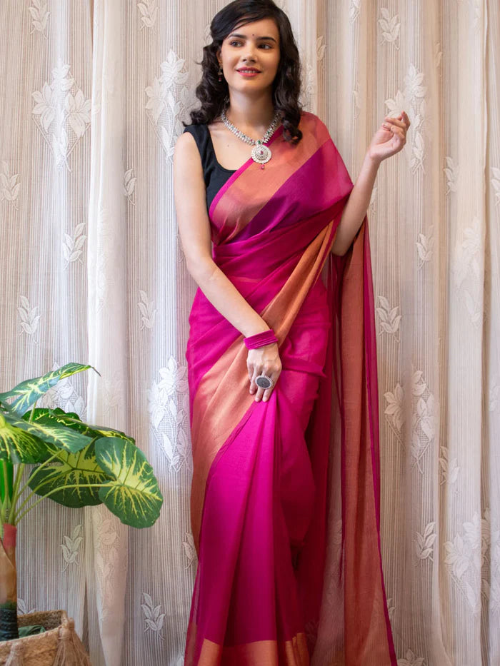 1-min Ready To Wear Saree In Premium Chiffon Silk With Zari Patta