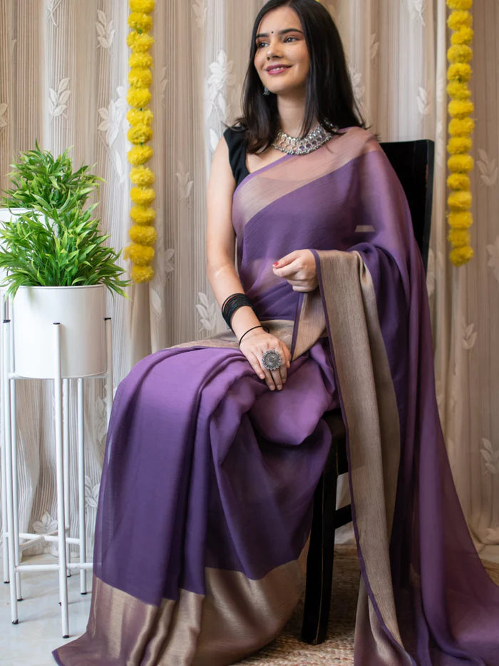 1-min Ready To Wear Saree In Premium Chiffon Silk With Zari Patta