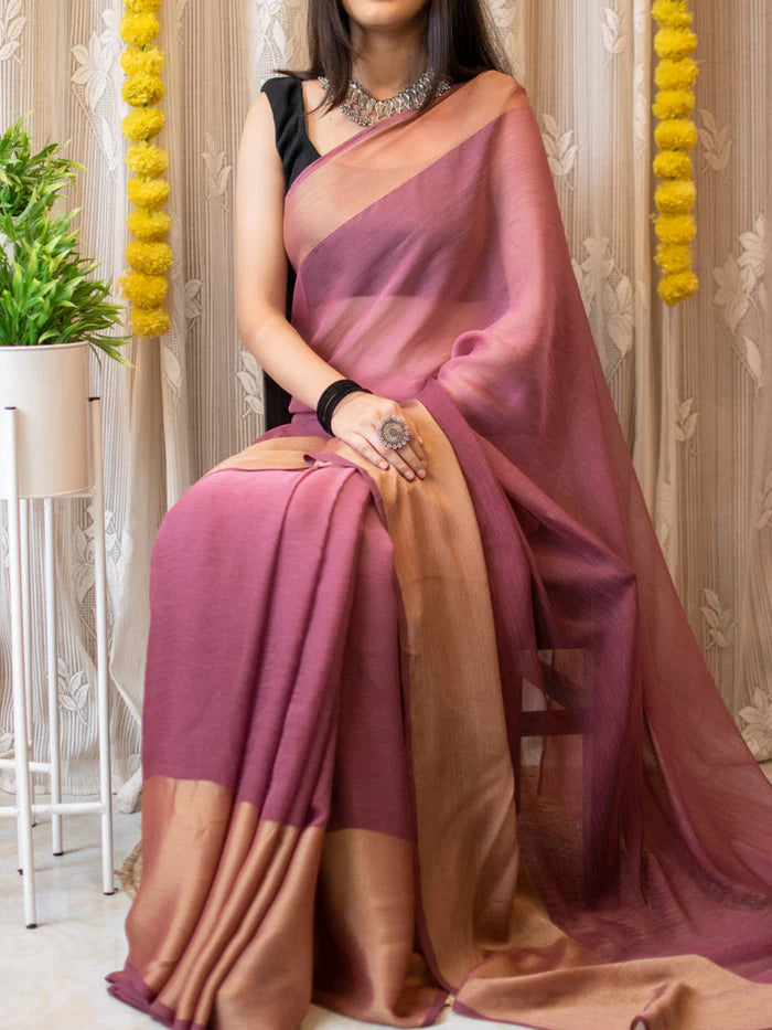 1-min Ready To Wear Saree In Premium Chiffon Silk With Zari Patta