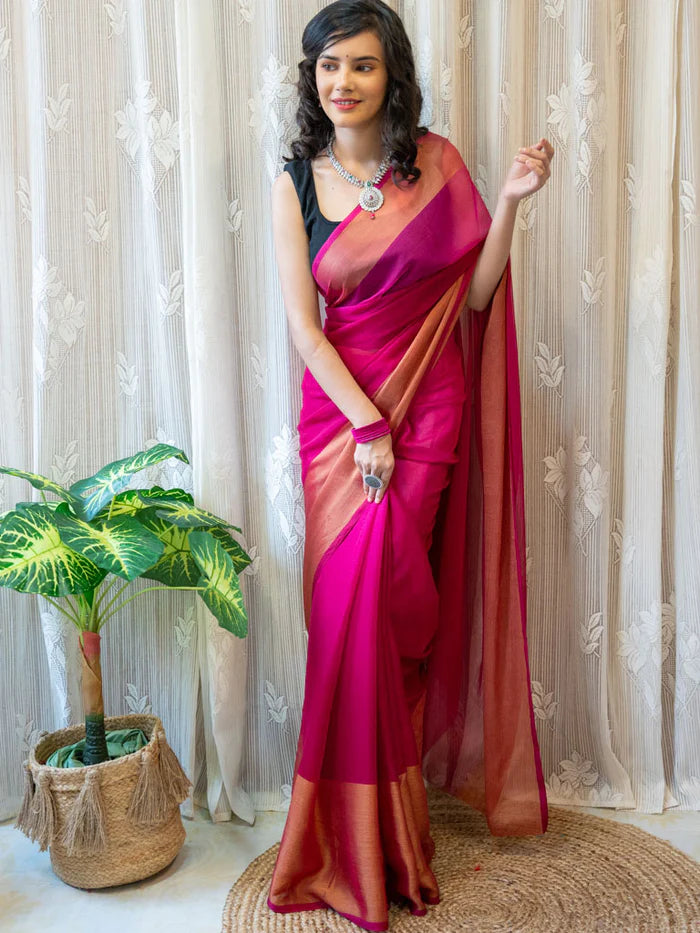 1-min Ready To Wear Saree In Premium Chiffon Silk With Zari Patta