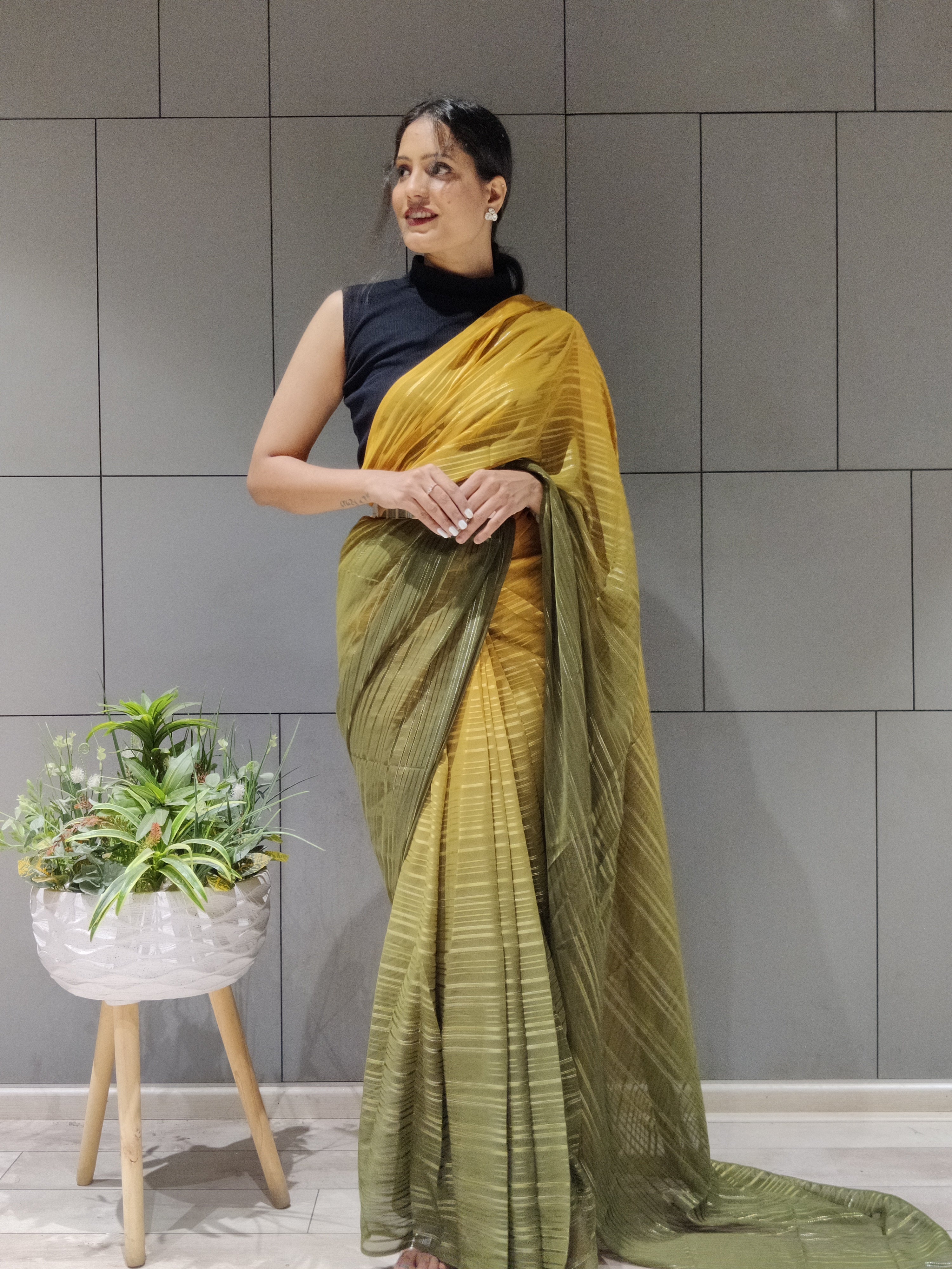 1-min Ready To Wear Saree In Premium Mustard Chiffon With Zari Patta