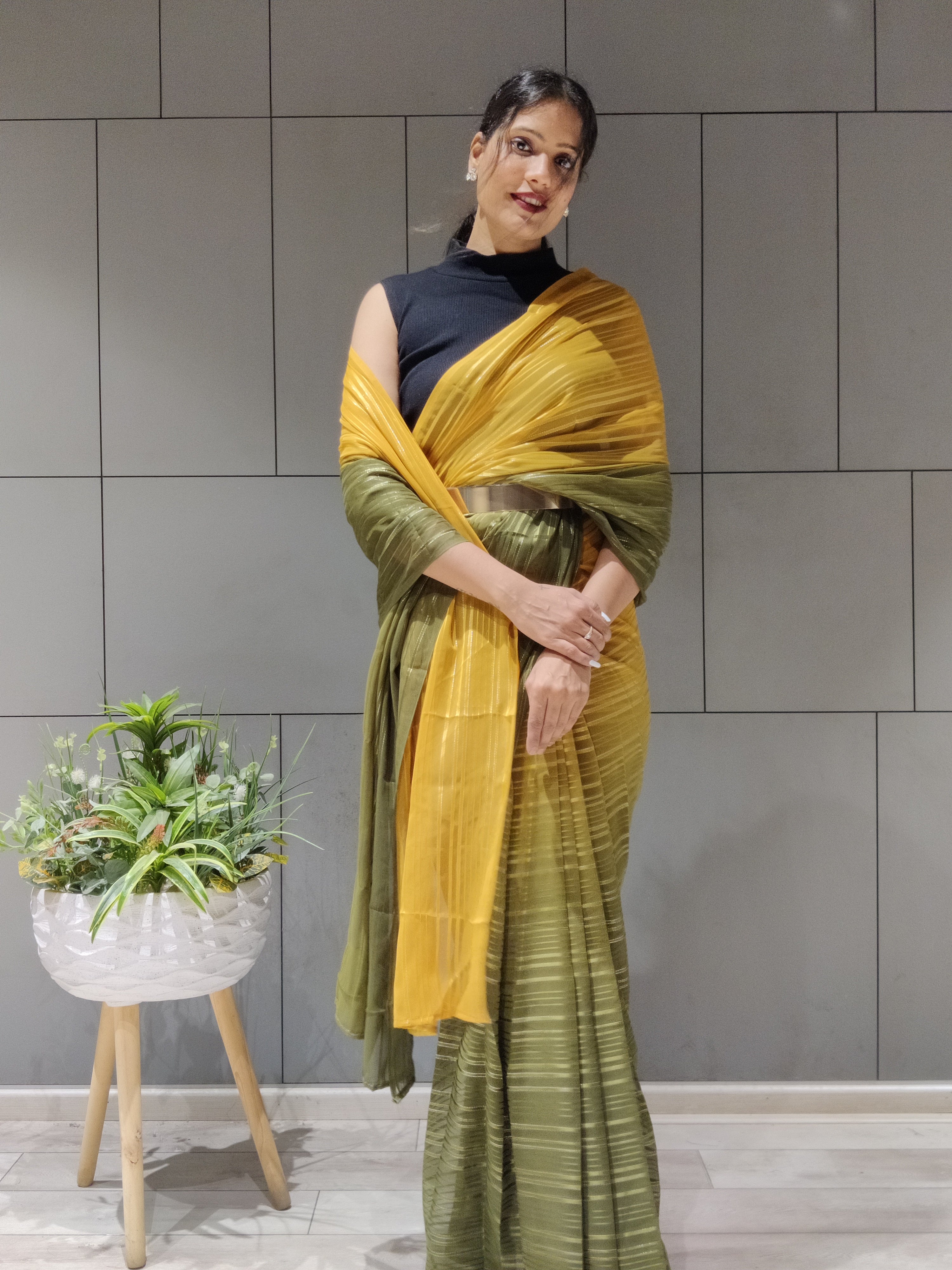 1-min Ready To Wear Saree In Premium Mustard Chiffon With Zari Patta