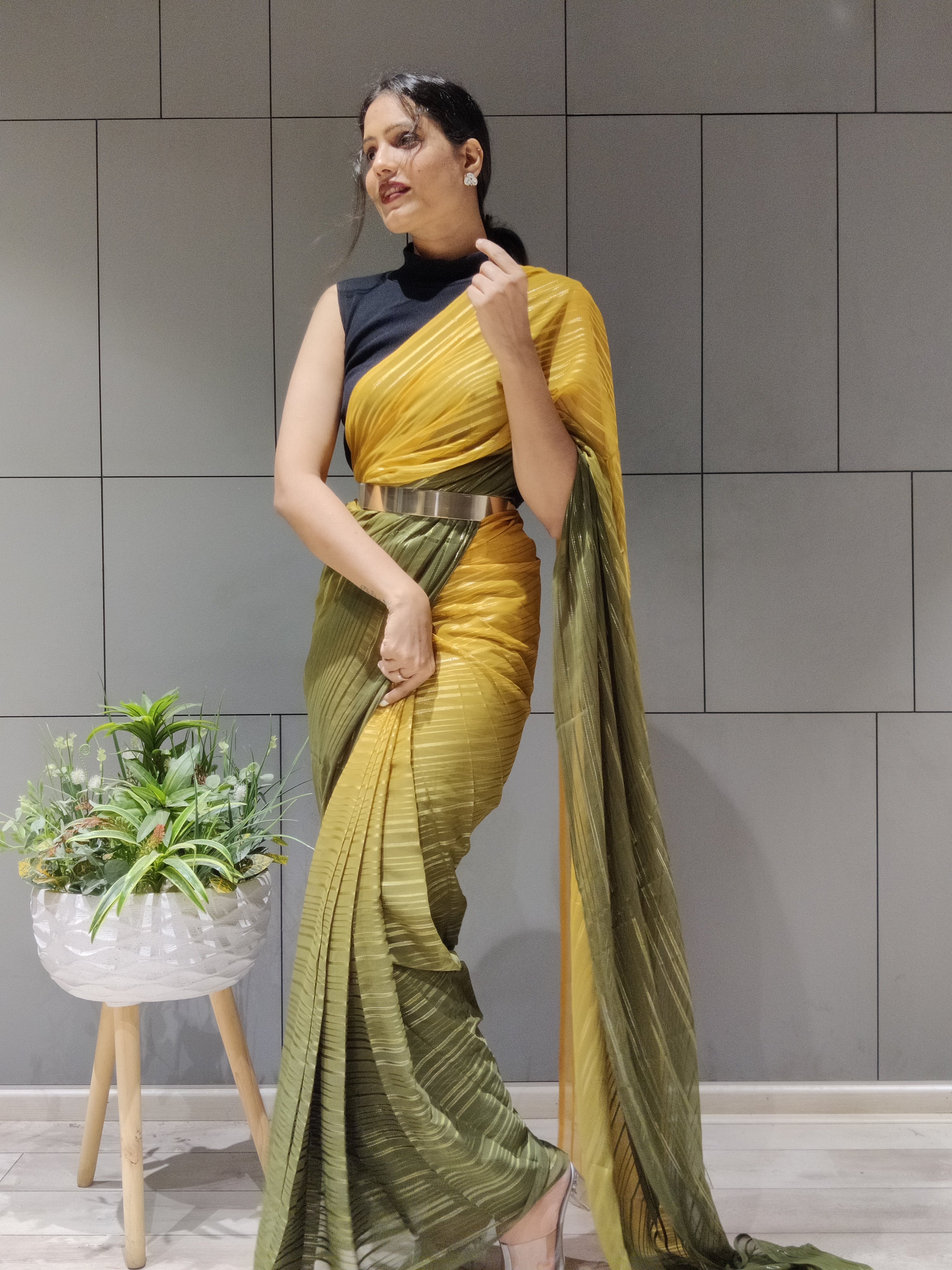 1-min Ready To Wear Saree In Premium Mustard Chiffon With Zari Patta