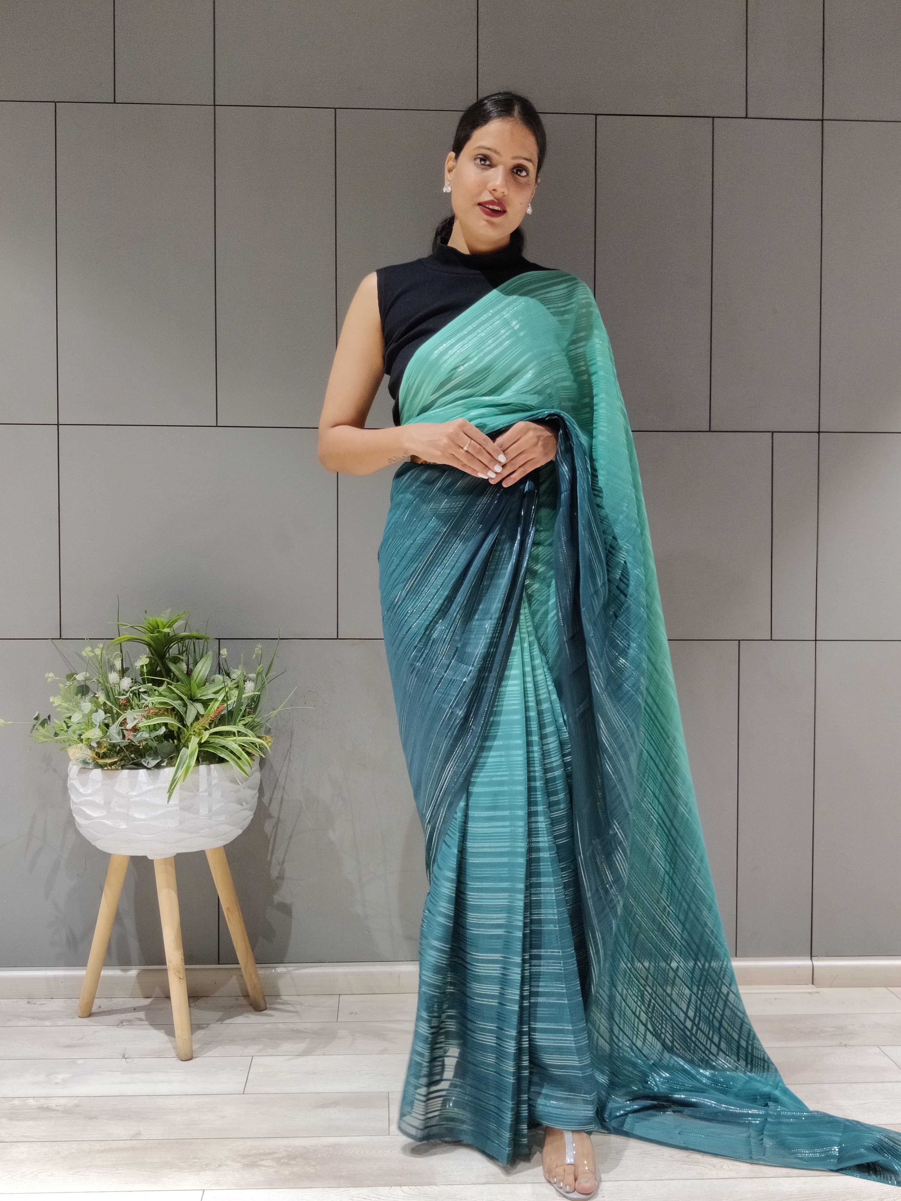 1-min Ready To Wear Saree In Premium Rama Chiffon With Zari Patta