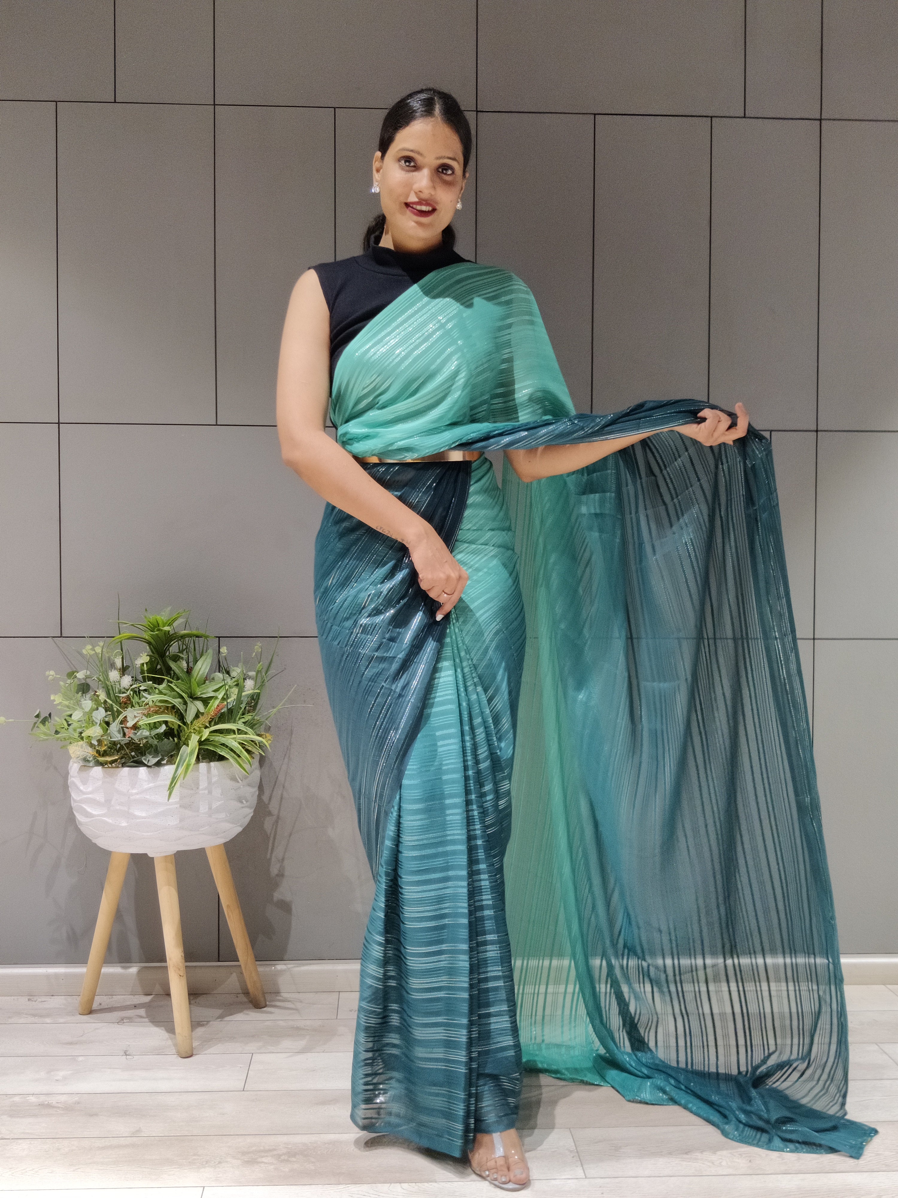 1-min Ready To Wear Saree In Premium Rama Chiffon With Zari Patta