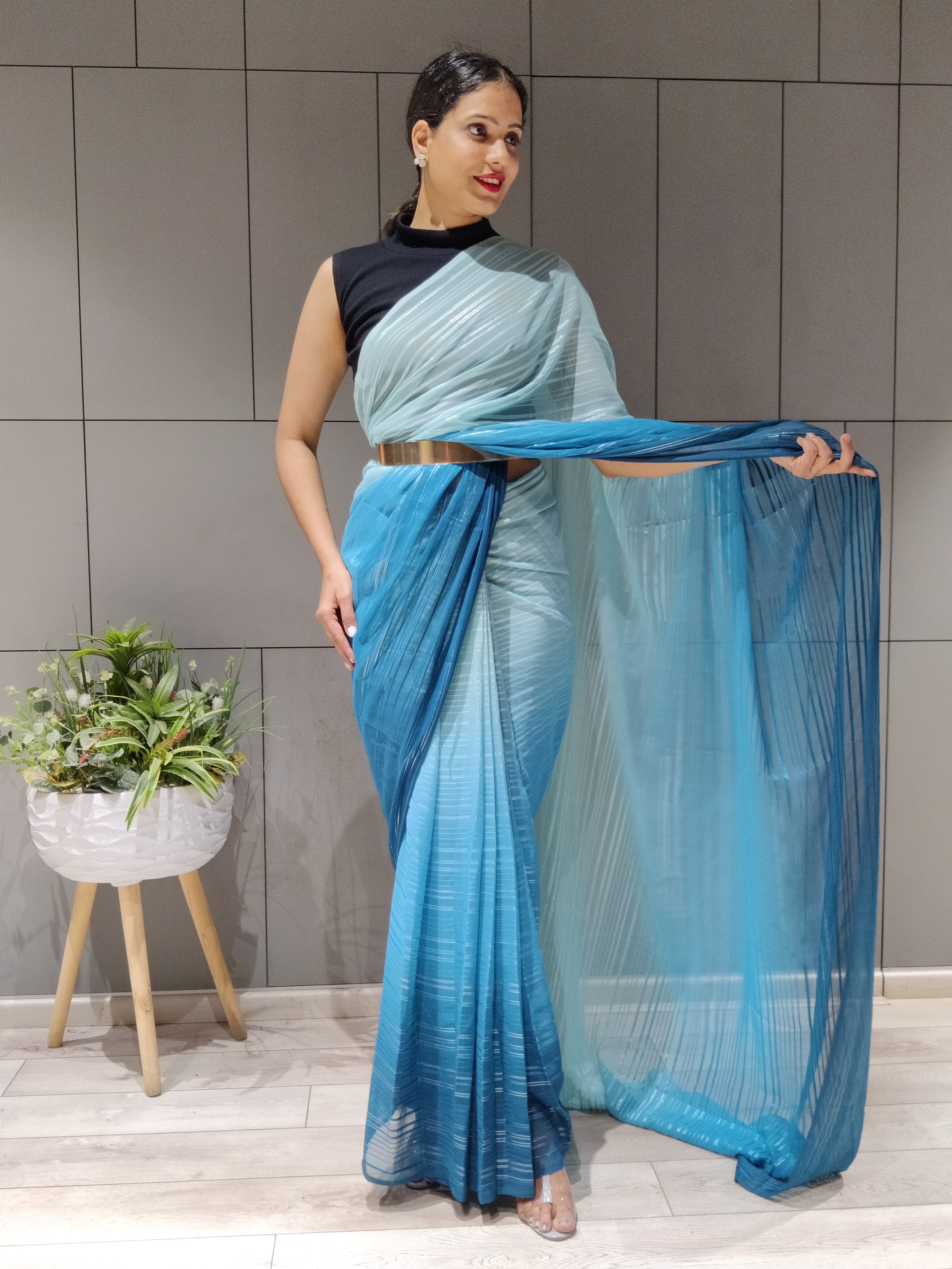 1-min Ready To Wear Saree In Premium Sky Blue Chiffon With Zari Patta