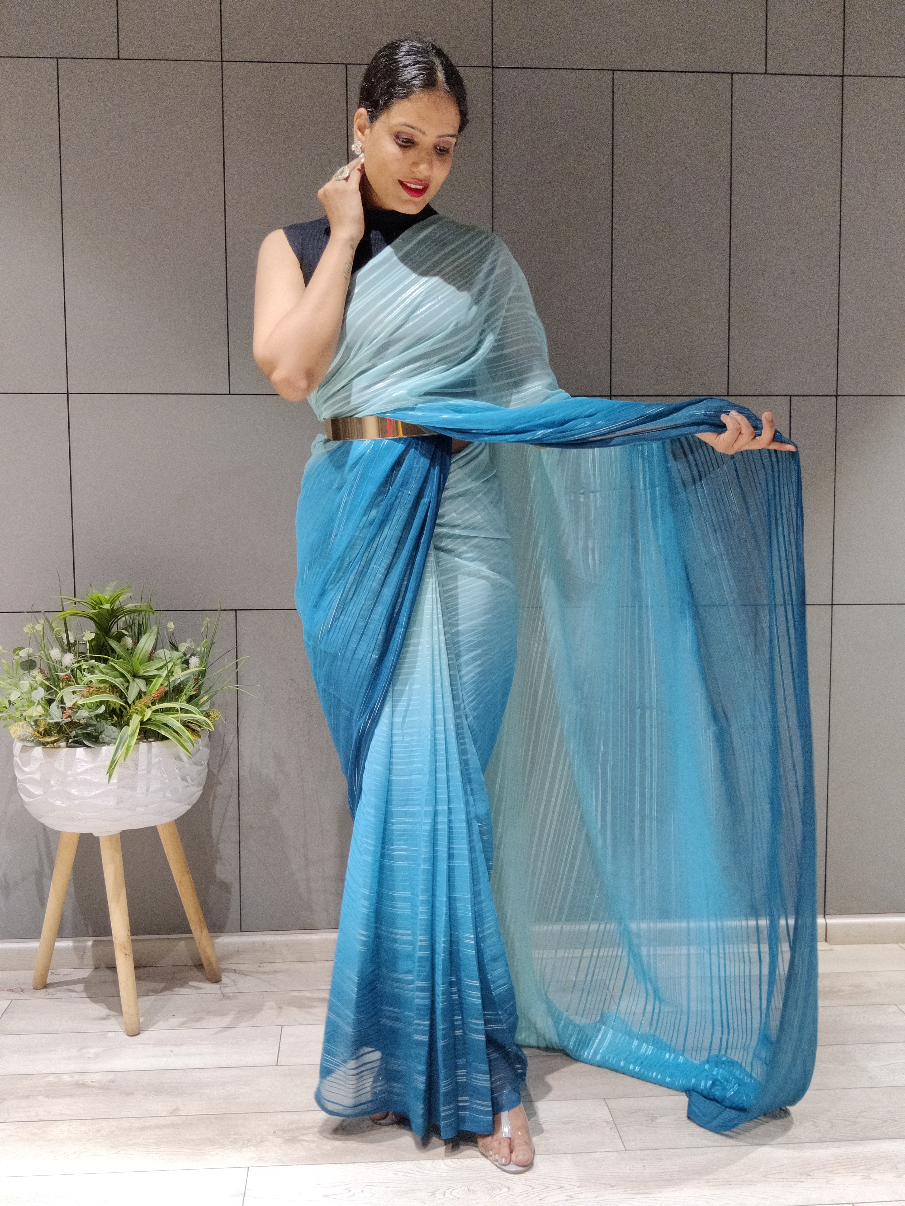 1-min Ready To Wear Saree In Premium Sky Blue Chiffon With Zari Patta