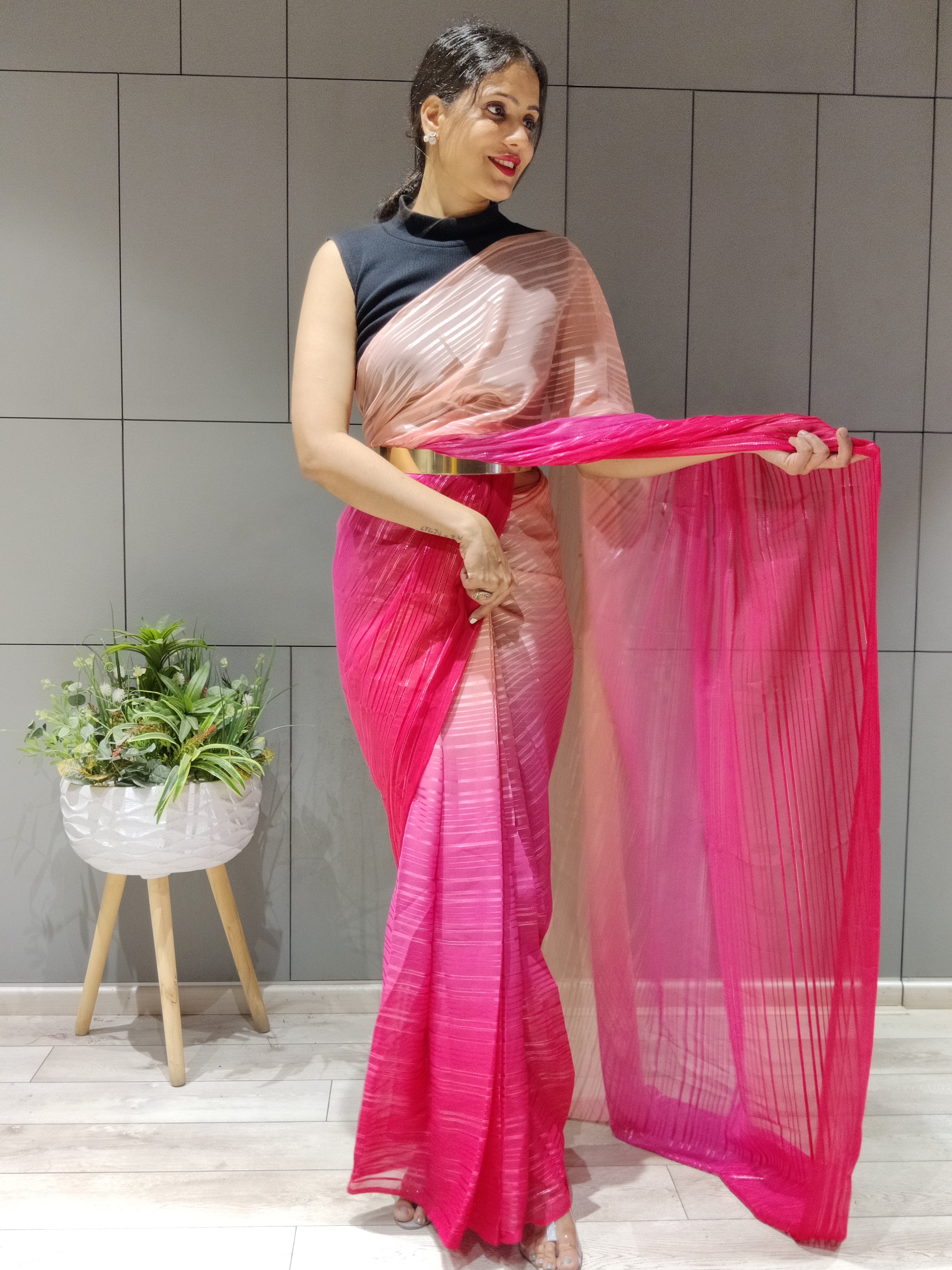 1-min Ready To Wear Saree In Premium Pink Chiffon With Zari Patta