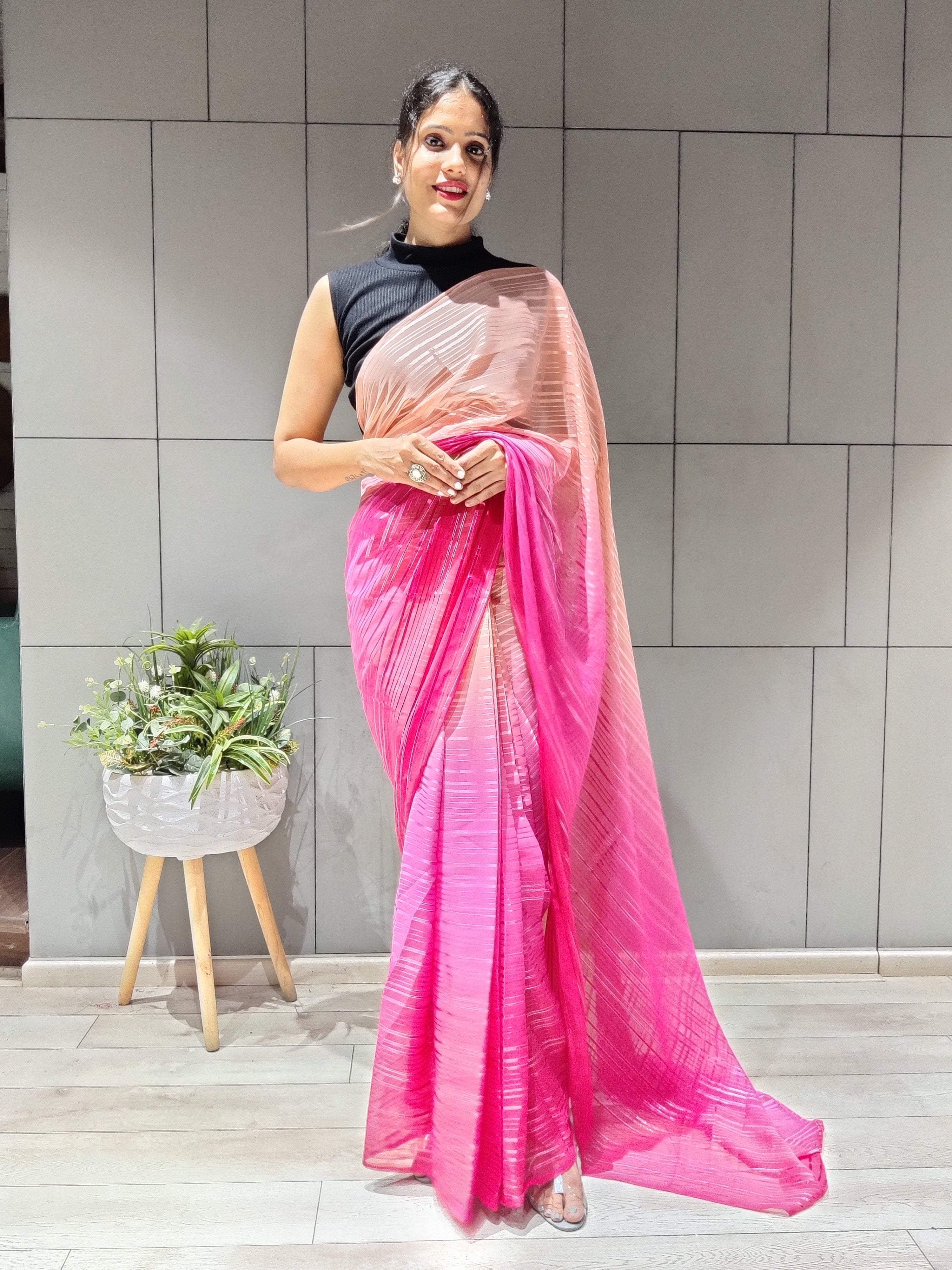 1-min Ready To Wear Saree In Premium Pink Chiffon With Zari Patta