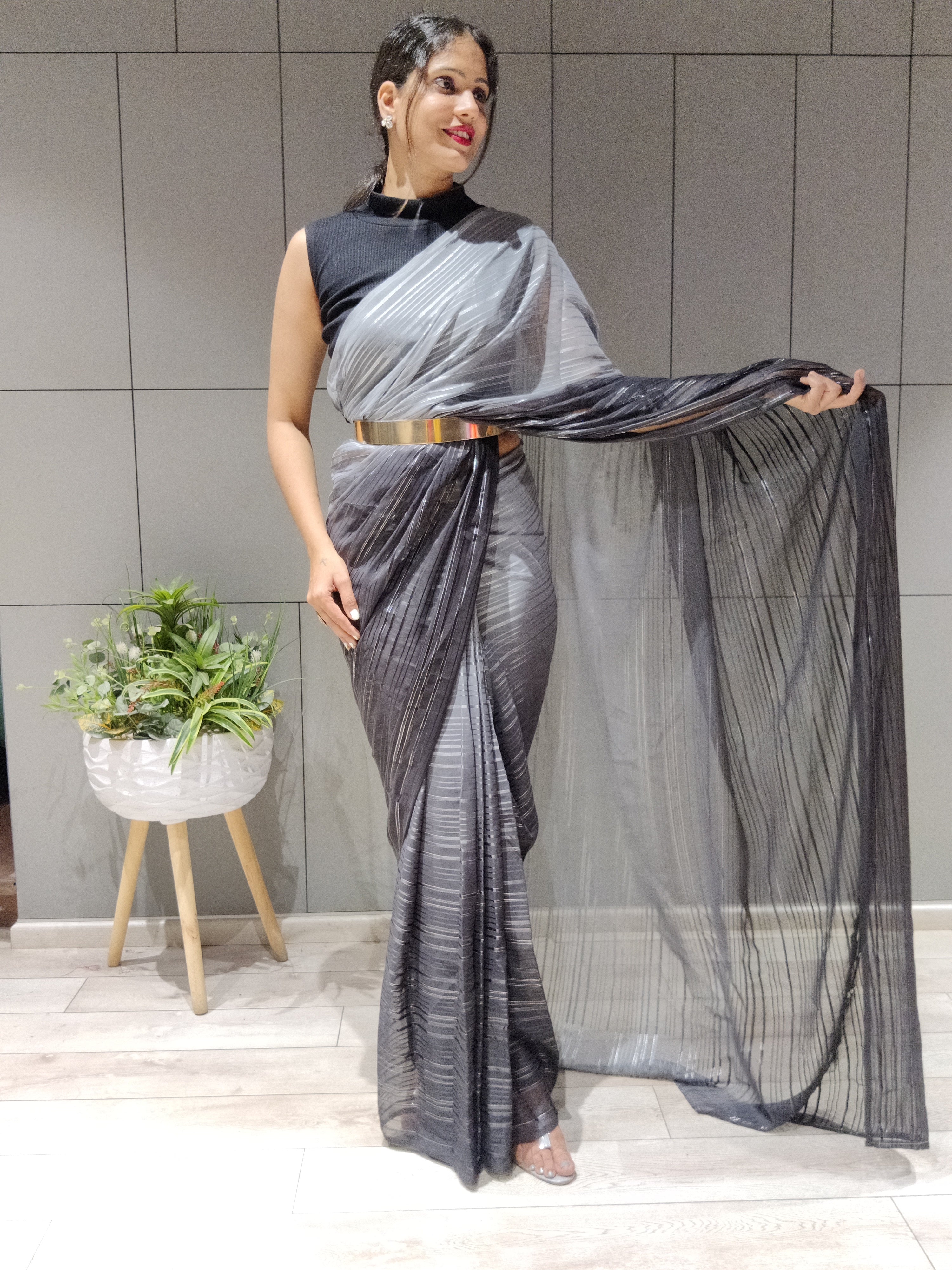 1-min Ready To Wear Saree In Premium Black Chiffon With Zari Patta