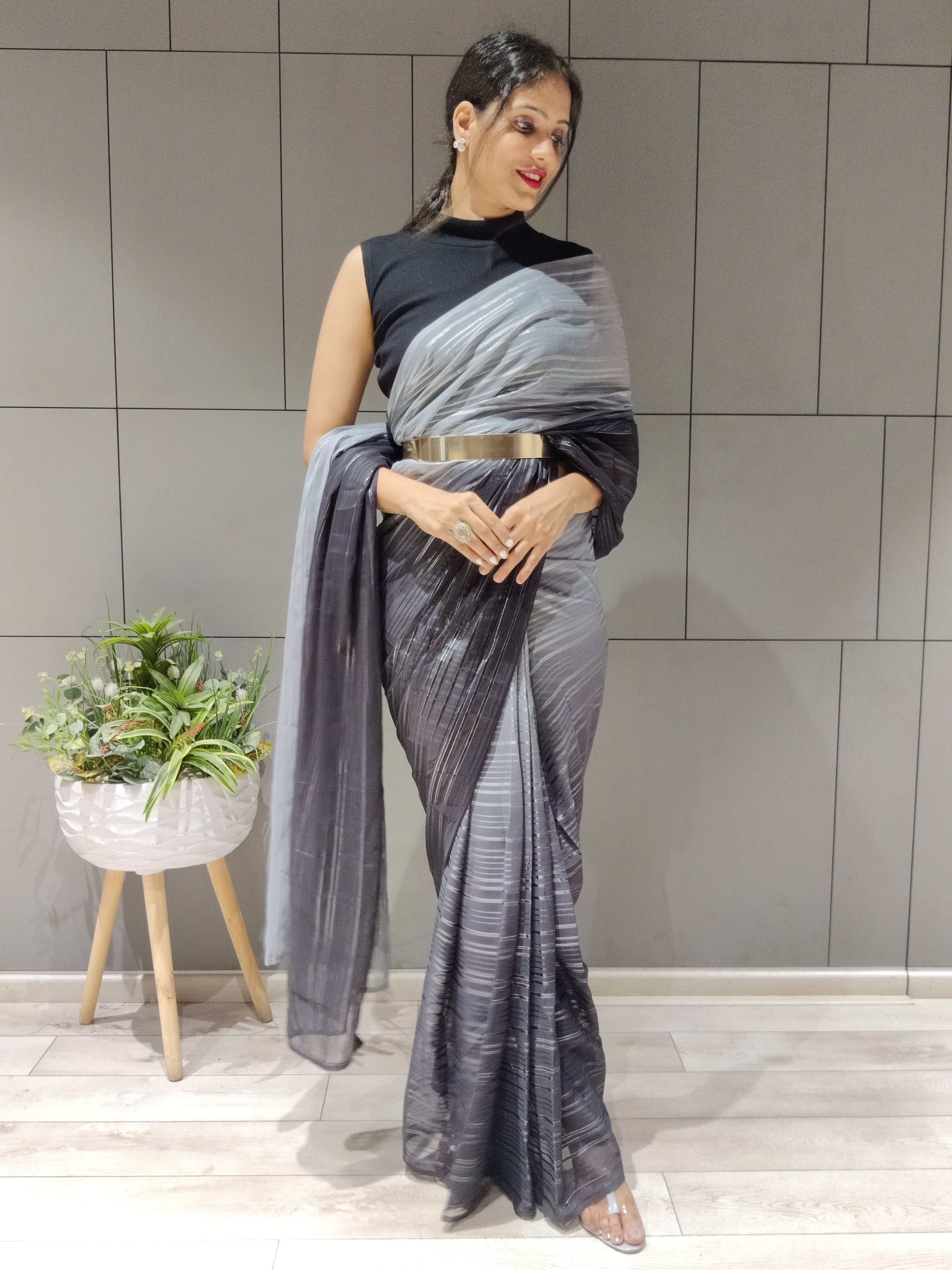 1-min Ready To Wear Saree In Premium Black Chiffon With Zari Patta