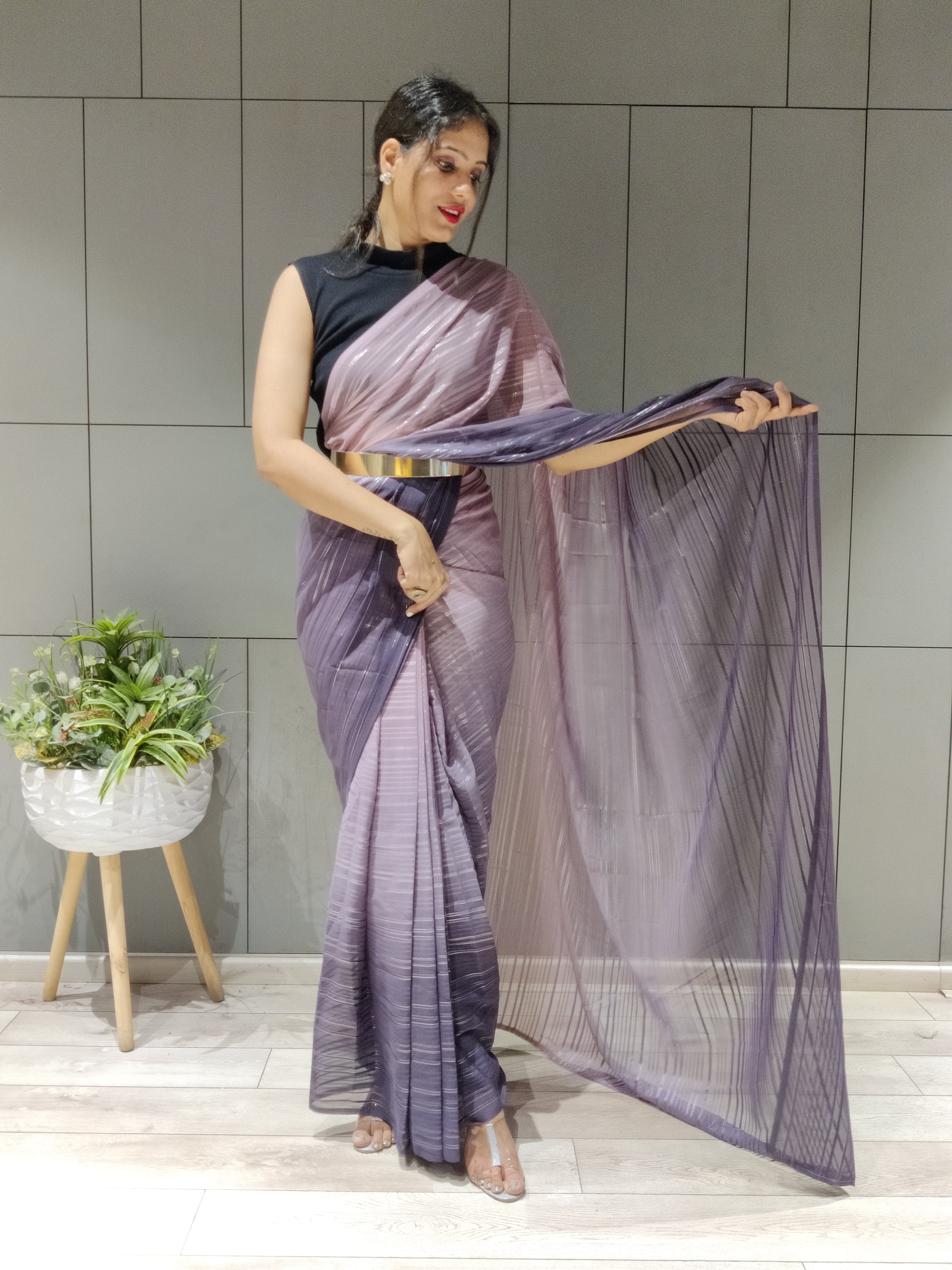 1-min Ready To Wear Saree In Premium Lavender Chiffon With Zari Patta