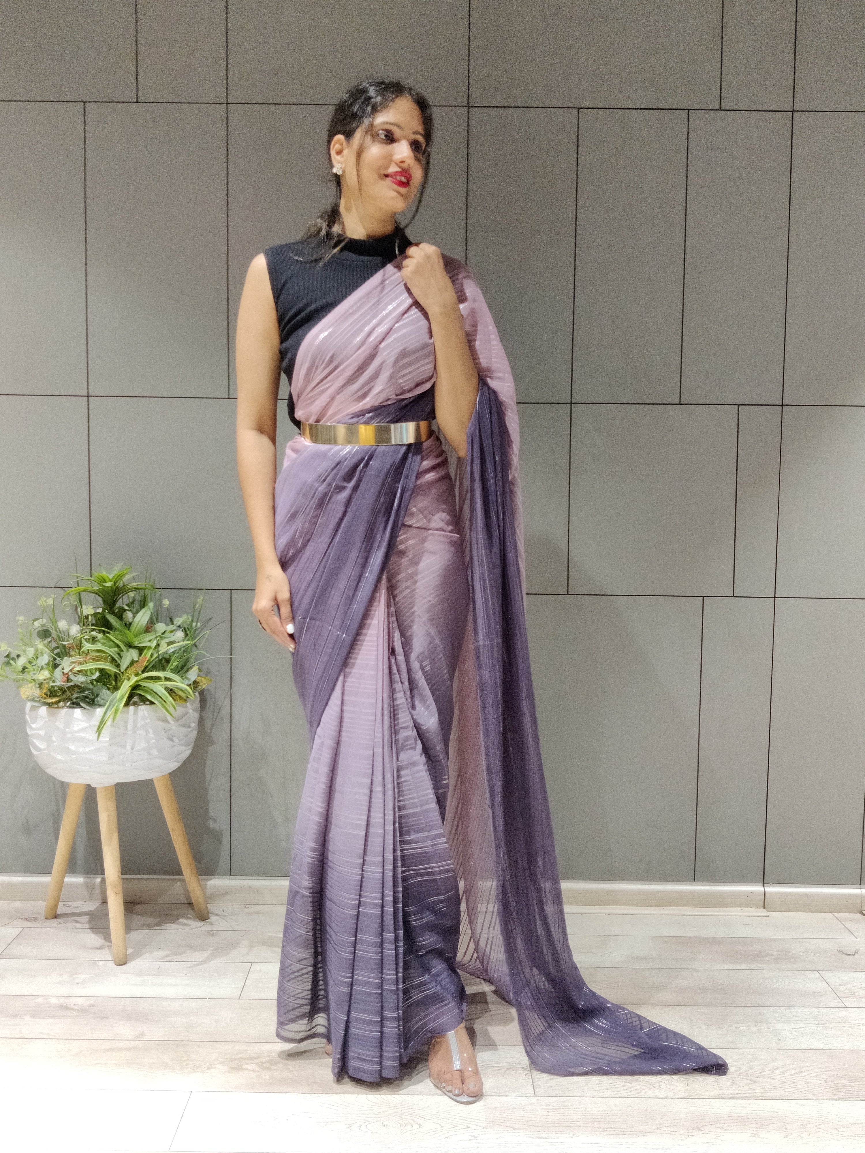 1-min Ready To Wear Saree In Premium Lavender Chiffon With Zari Patta