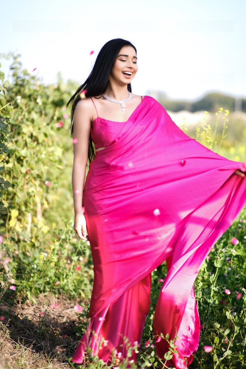 1-min Ready To Wear Saree In Premium Pink Color