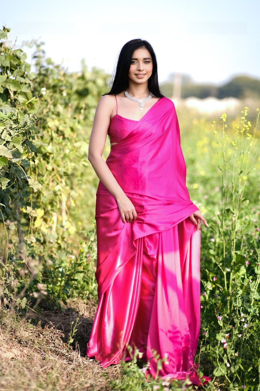 1-min Ready To Wear Saree In Premium Pink Color