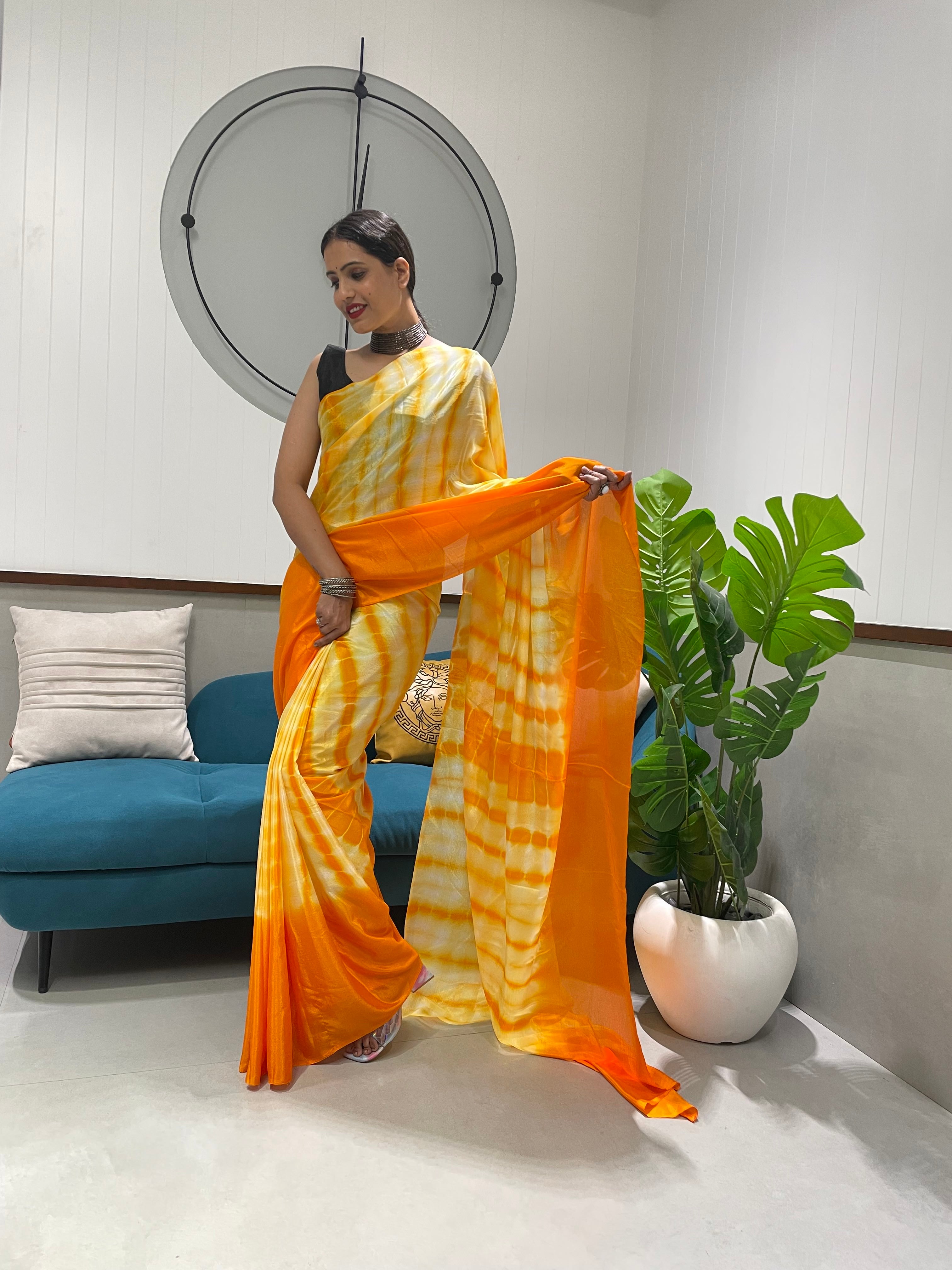 1-min Ready To Wear Premium Chinon Silk Saree With Beautiful Prisma Hand Dyed Work