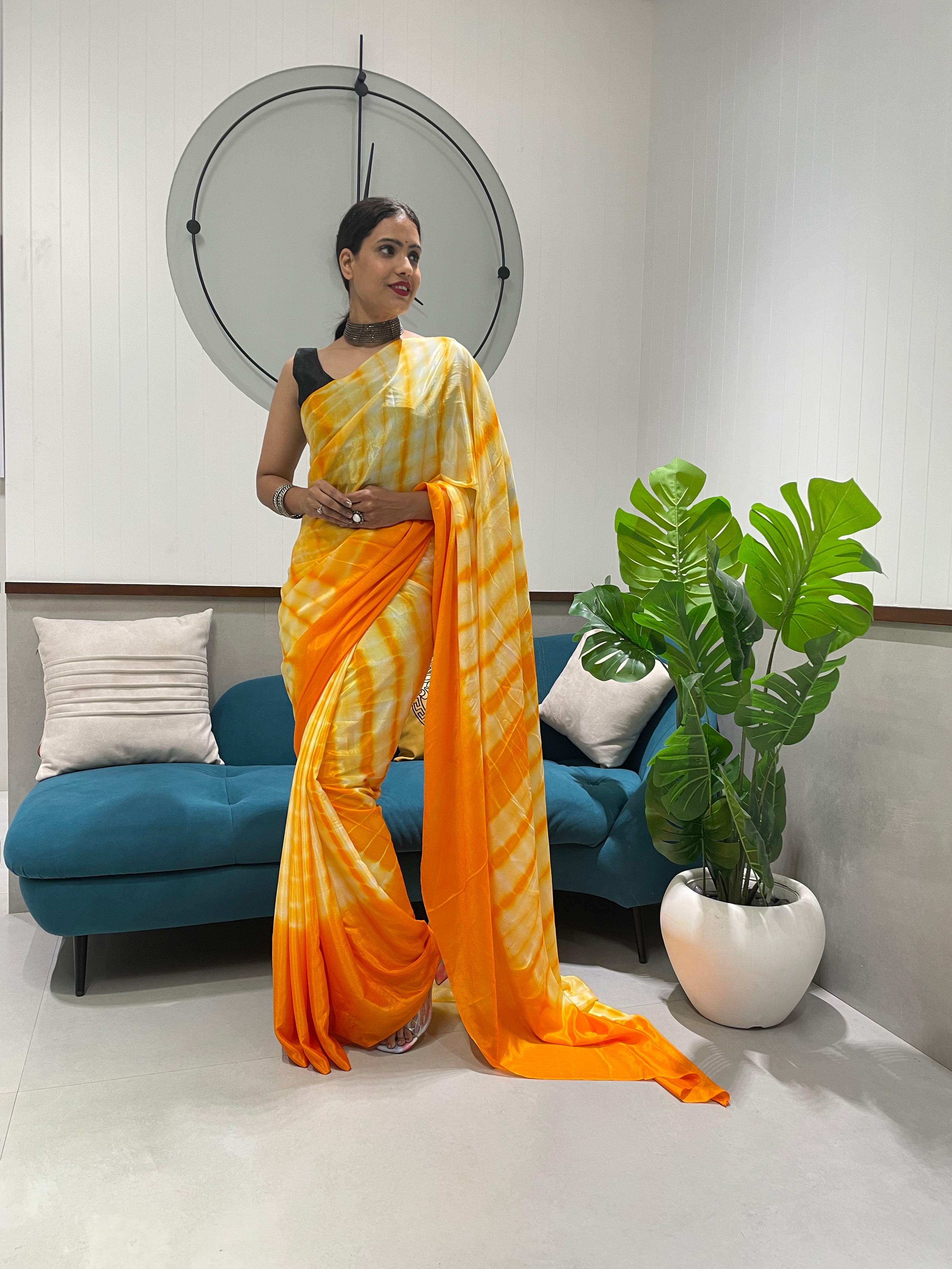 1-min Ready To Wear Premium Chinon Silk Saree With Beautiful Prisma Hand Dyed Work