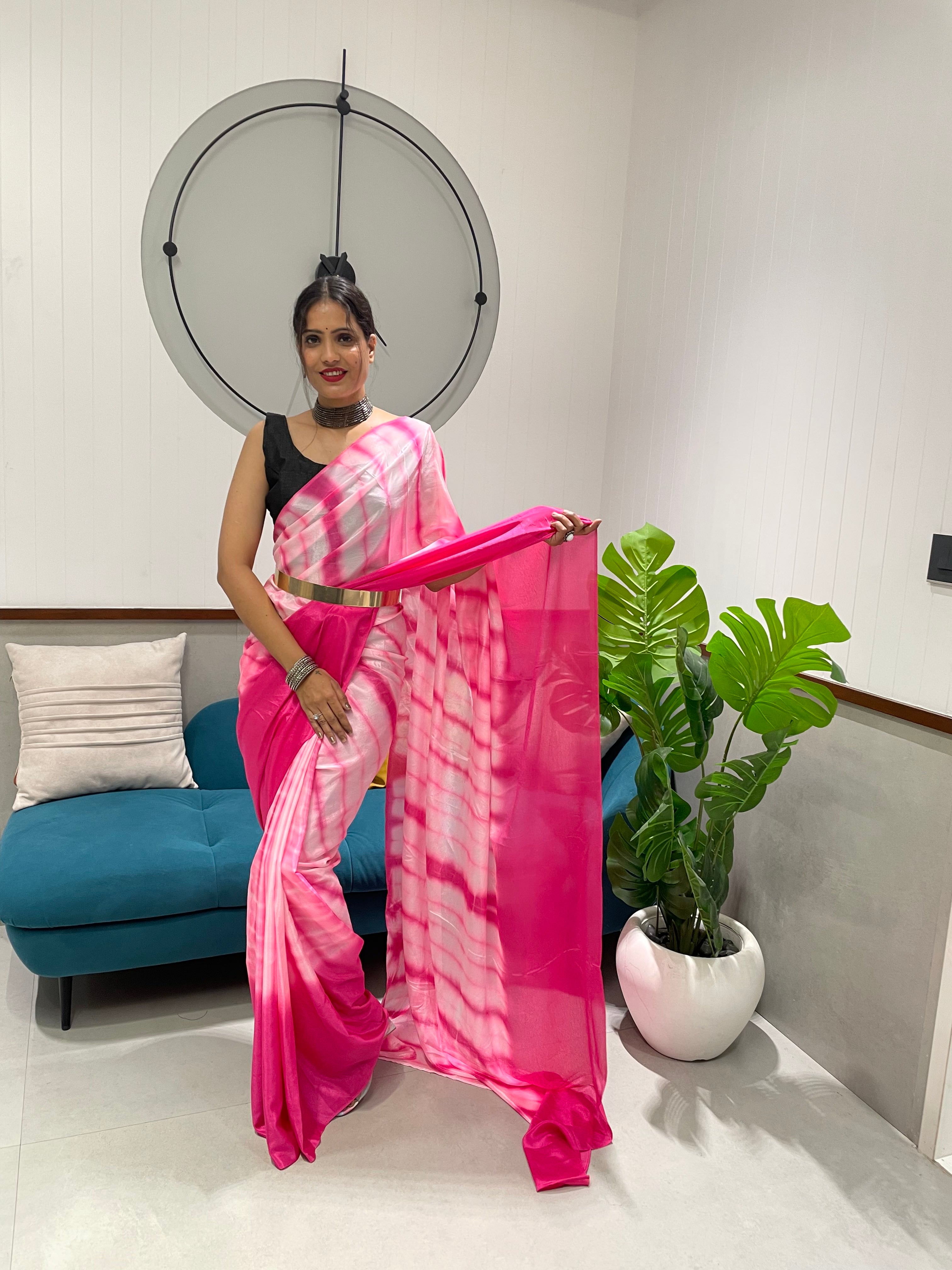 1-min Ready To Wear Premium Chinon Silk Saree With Beautiful Prisma Hand Dyed Work