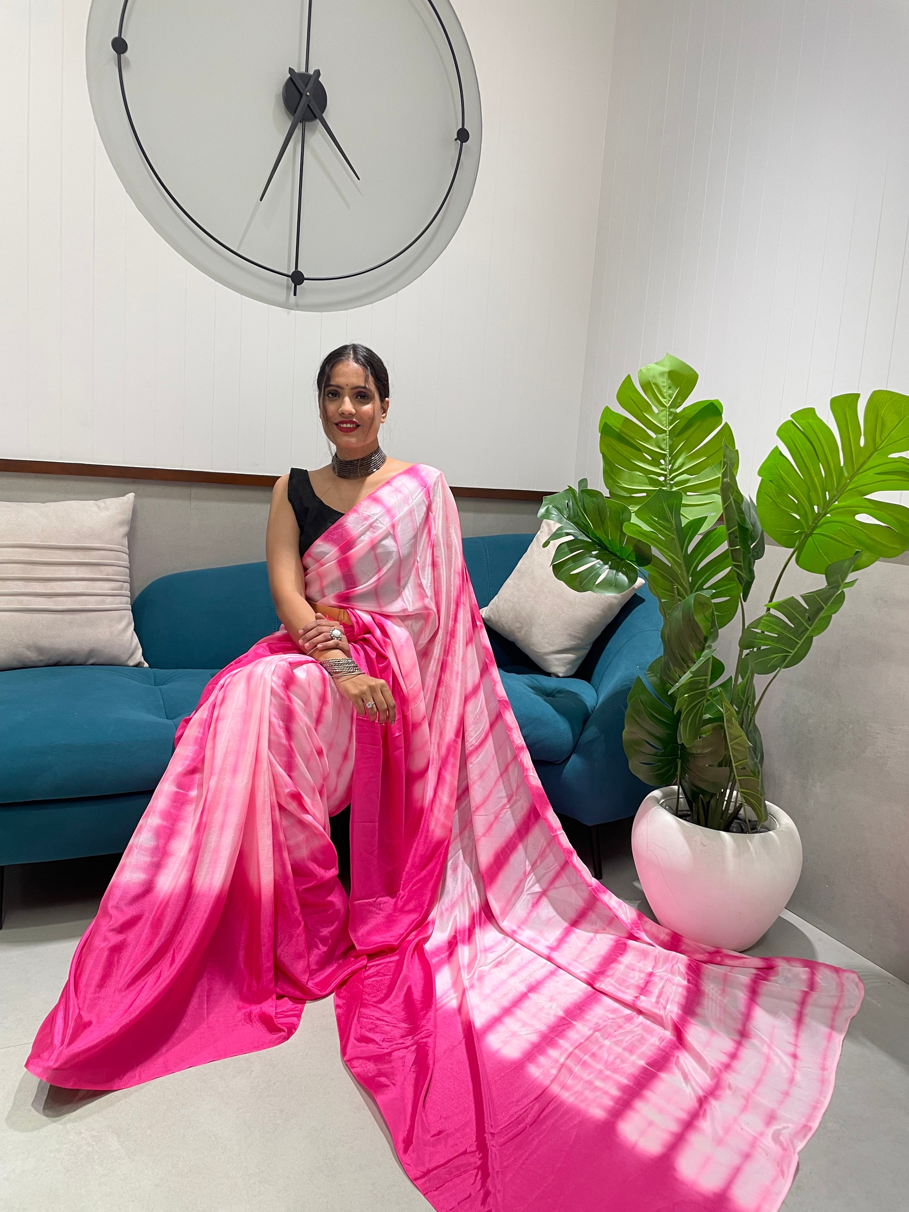 1-min Ready To Wear Premium Chinon Silk Saree With Beautiful Prisma Hand Dyed Work