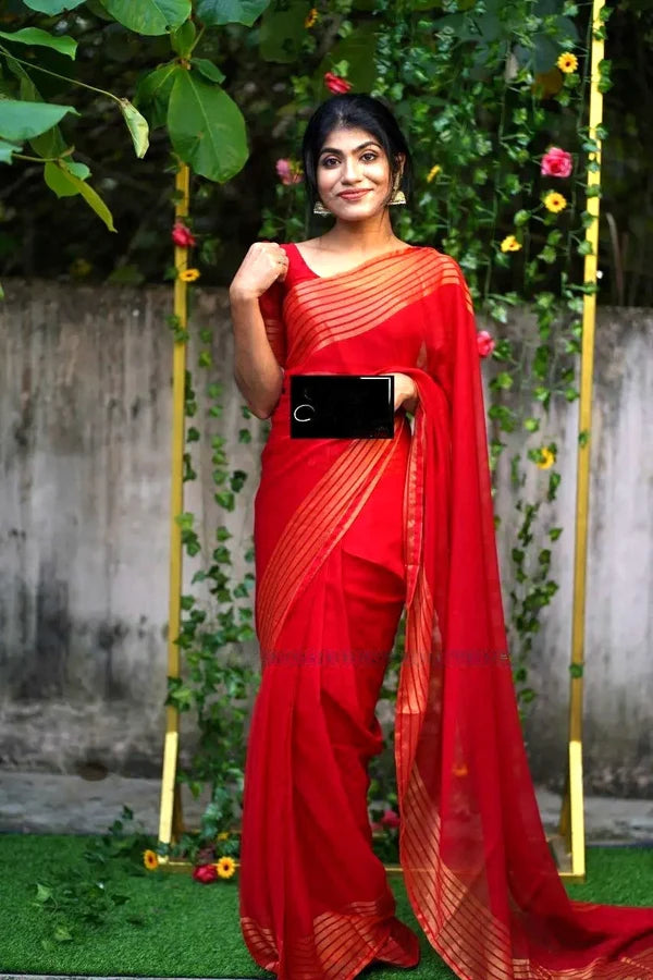 1-min Ready To Wear Red Saree In Premium Chiffon Silk With Zari Patta