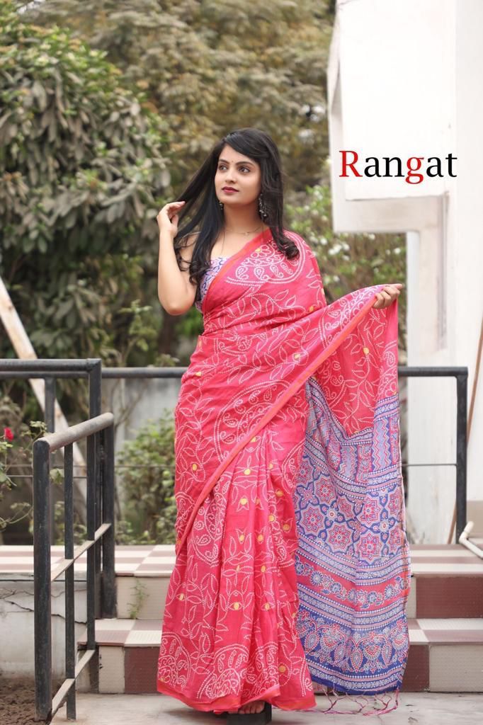 Block Print Bandhej Pure Cotton Saree Rangat