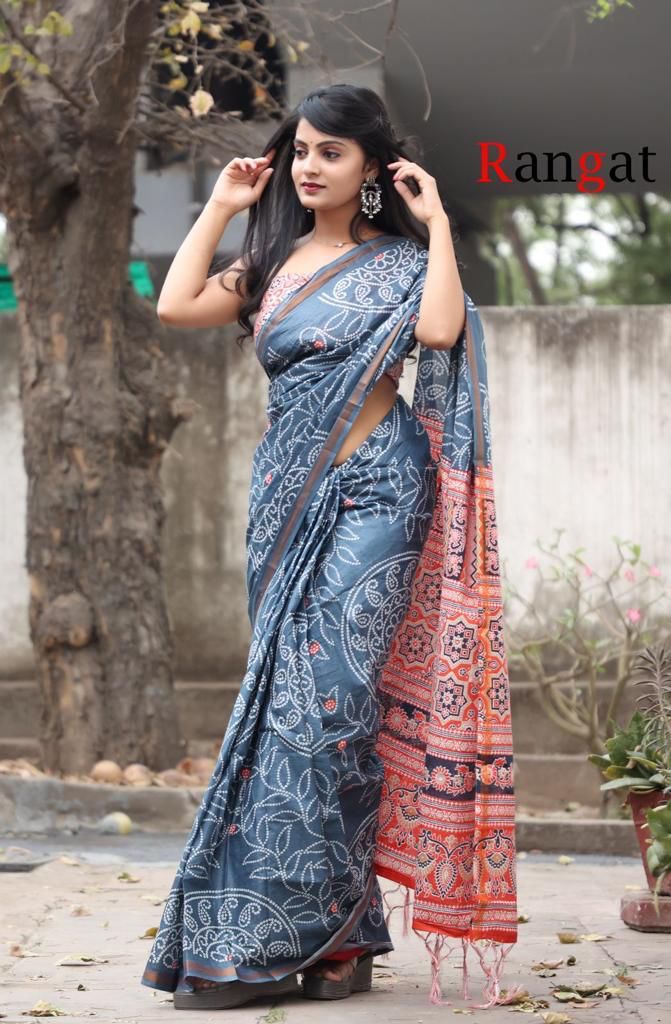 Block Print Bandhej Pure Cotton Saree Rangat
