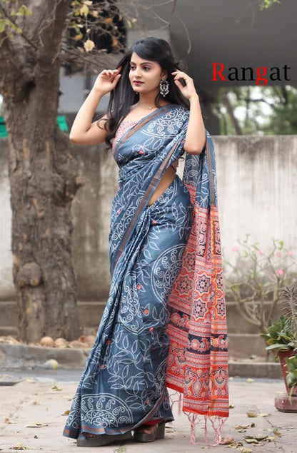 Block Print Bandhej Pure Cotton Saree Rangat