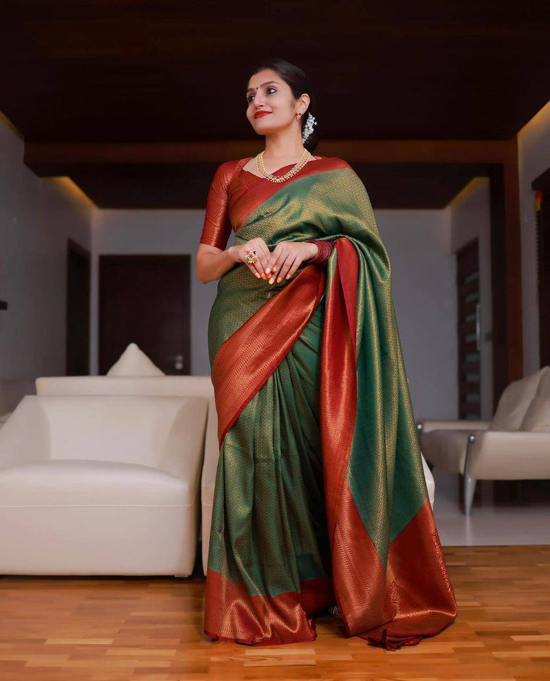 Silk Mark Certified Gadwal Saree in Red, Green and Silver | Bengal Looms