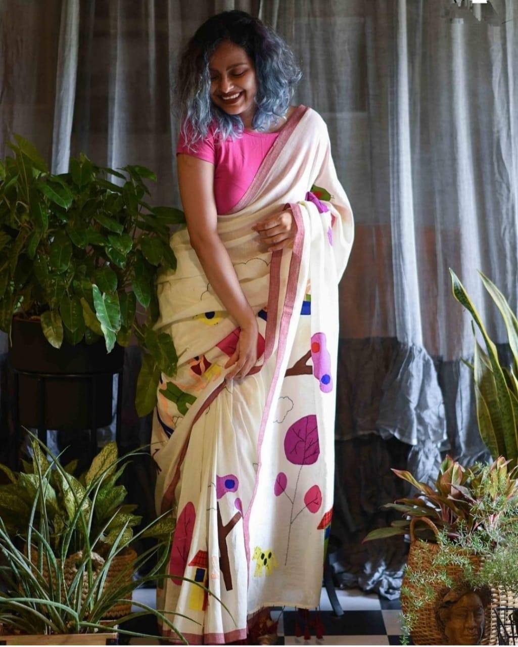 Premium Imported Linen Cotton Saree With Morden Design Prints