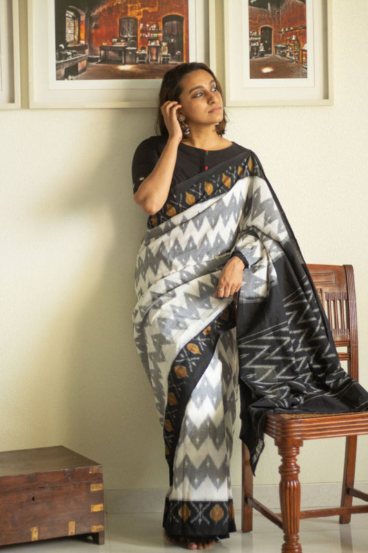 Pure Linen Cotton In Ikat Geomatric Pattern With Blouse