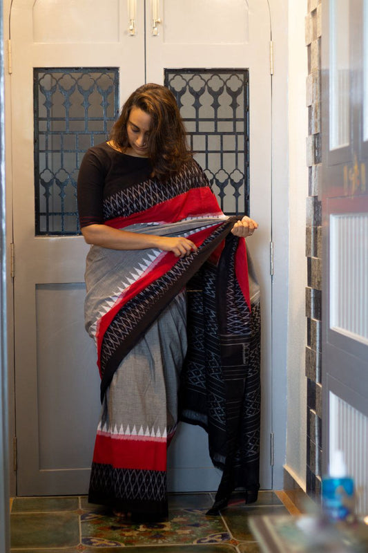 Pure Linen Cotton In Ikat Geometric Pattern With Blouse