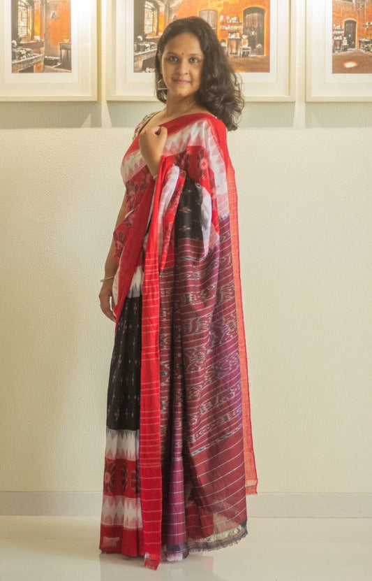 Pure Linen Cotton In Ikat Geometric Pattern With Blouse