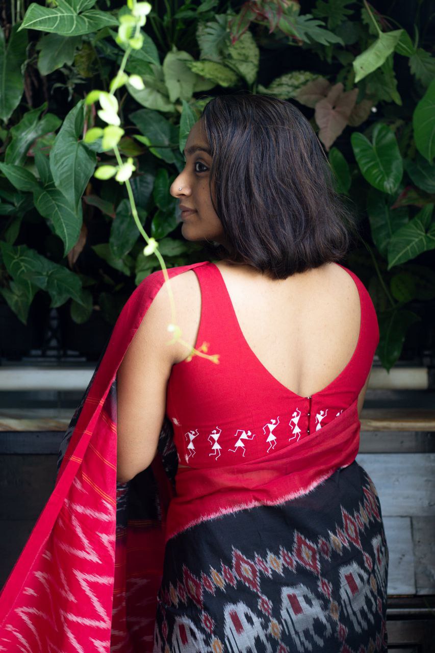Pure Linen Cotton In Ikat Geometric Pattern With Blouse
