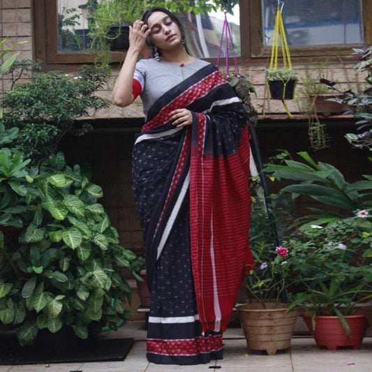 Pure Linen Cotton In Ikat Geometric Pattern With Blouse