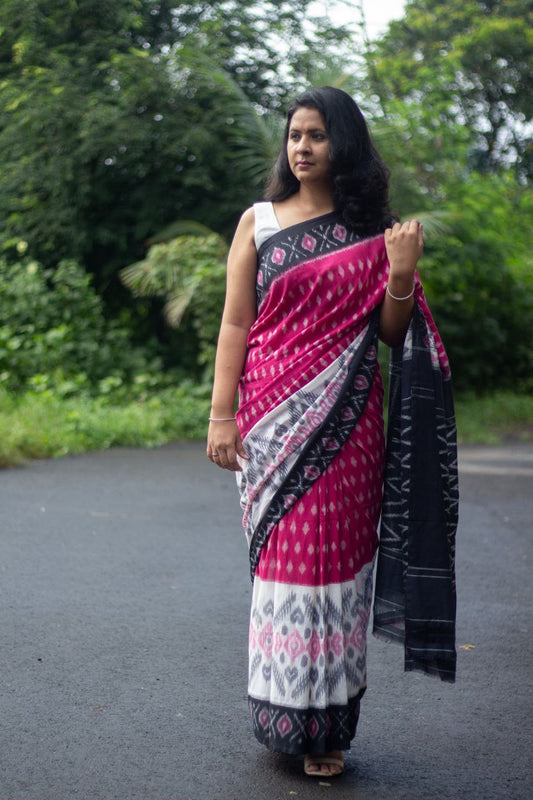 Pure Linen Cotton In Ikat Geometric Pattern With Blouse