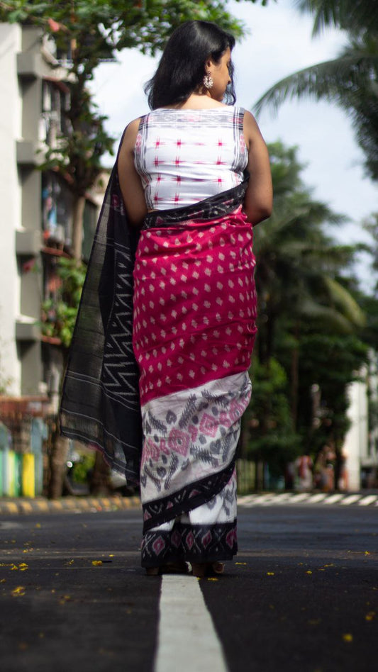 Pure Linen Cotton In Ikat Geometric Pattern With Blouse