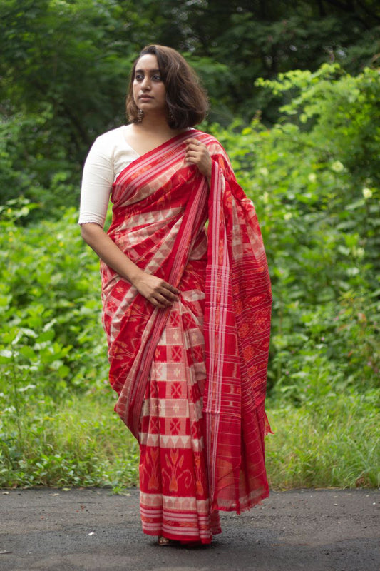 Pure Linen Cotton In Ikat Geometric Pattern With Blouse