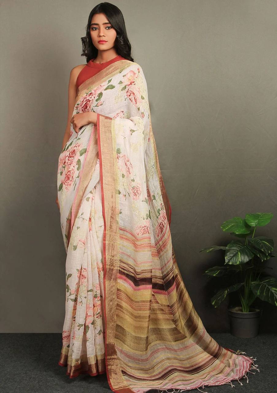 Pure Breathable Linen In Natural Flower Design With Heavy Blouse