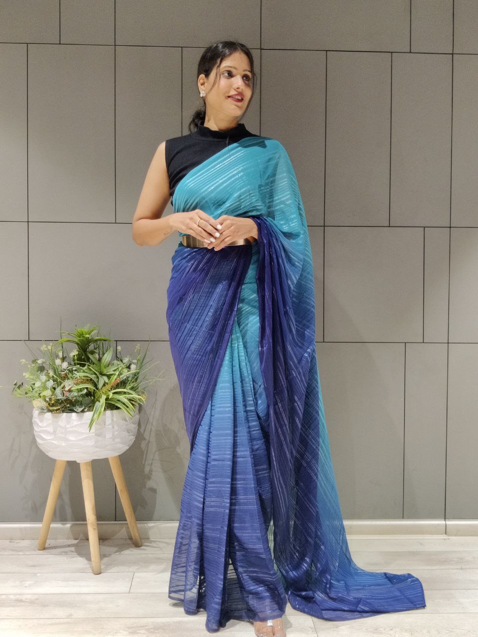 1-min Ready To Wear Saree In Premium Nevy Blue Chiffon With Zari Patta